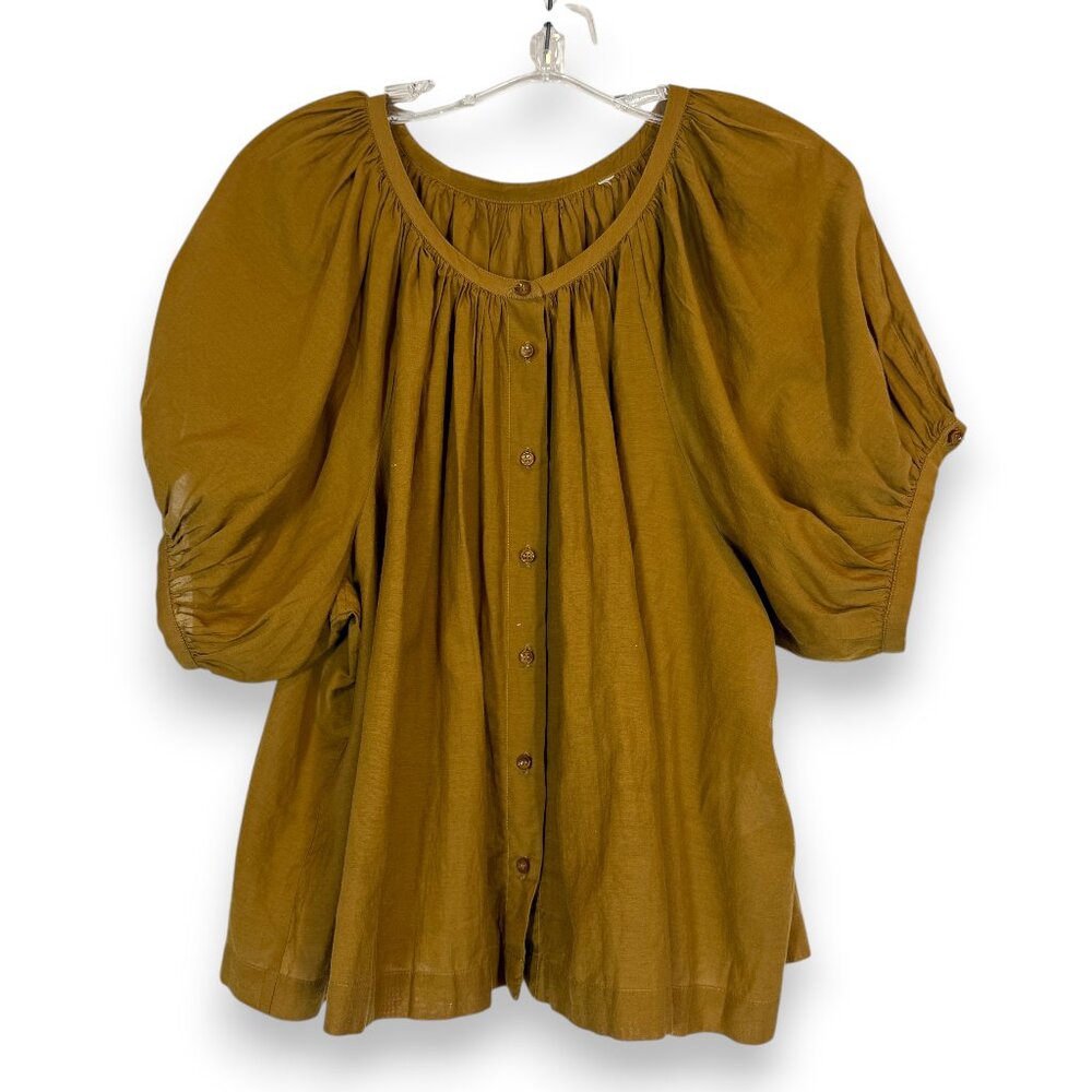 Doen June Top Blouse In Gold Tan Short Sleeve, Size Medium Or Large